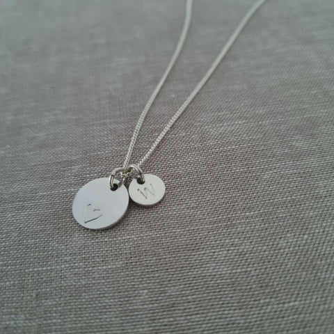 Disc necklace with initial and heart disc